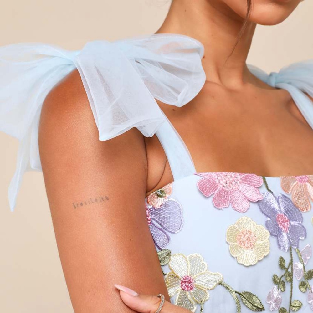 Lulu's Light Blue Floral Midi Dress with Pastel Embroidery - Picture 4 of 12